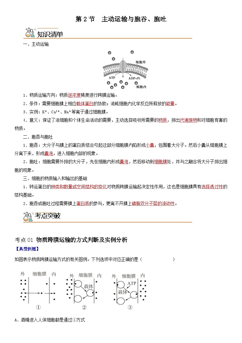 【同步讲义】高中生物（人教版2019）必修第一册--4.2《主动运输与胞吞、胞吐》讲义01