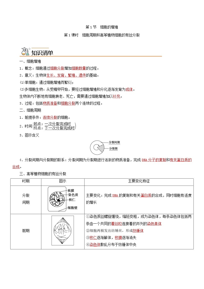 【同步讲义】高中生物（人教版2019）必修第一册--6.1.1《细胞周期和高等植物细胞的有丝分裂》讲义01