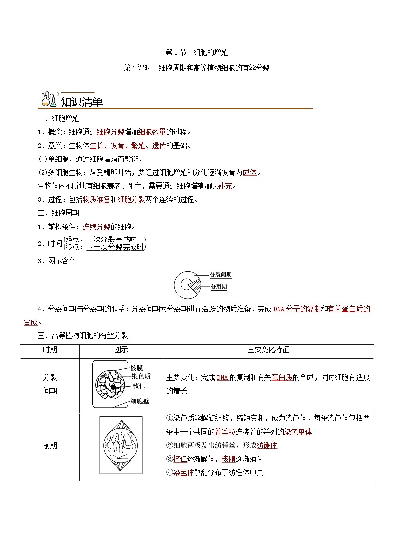 【同步讲义】高中生物（人教版2019）必修第一册--6.1.1《细胞周期和高等植物细胞的有丝分裂》讲义（教师版）第1页