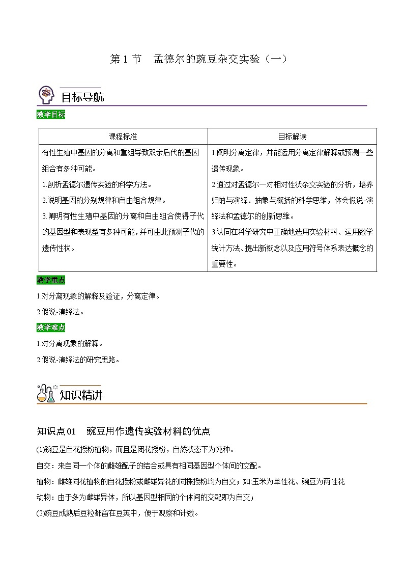 【同步讲义】高中生物（人教版2019）必修第二册--1.1《孟德尔的豌豆杂交实验（一）》讲义（教师版）第1页