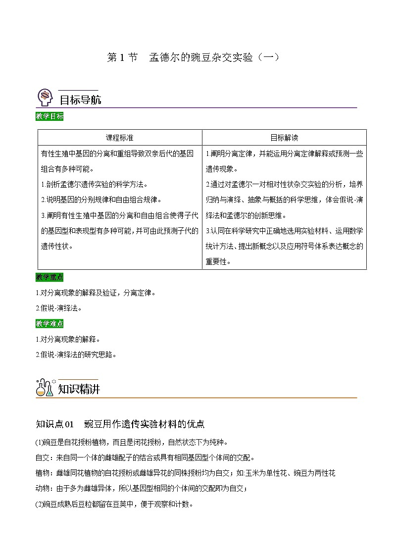 【同步讲义】高中生物（人教版2019）必修第二册--1.1《孟德尔的豌豆杂交实验（一）》讲义（学生版）第1页