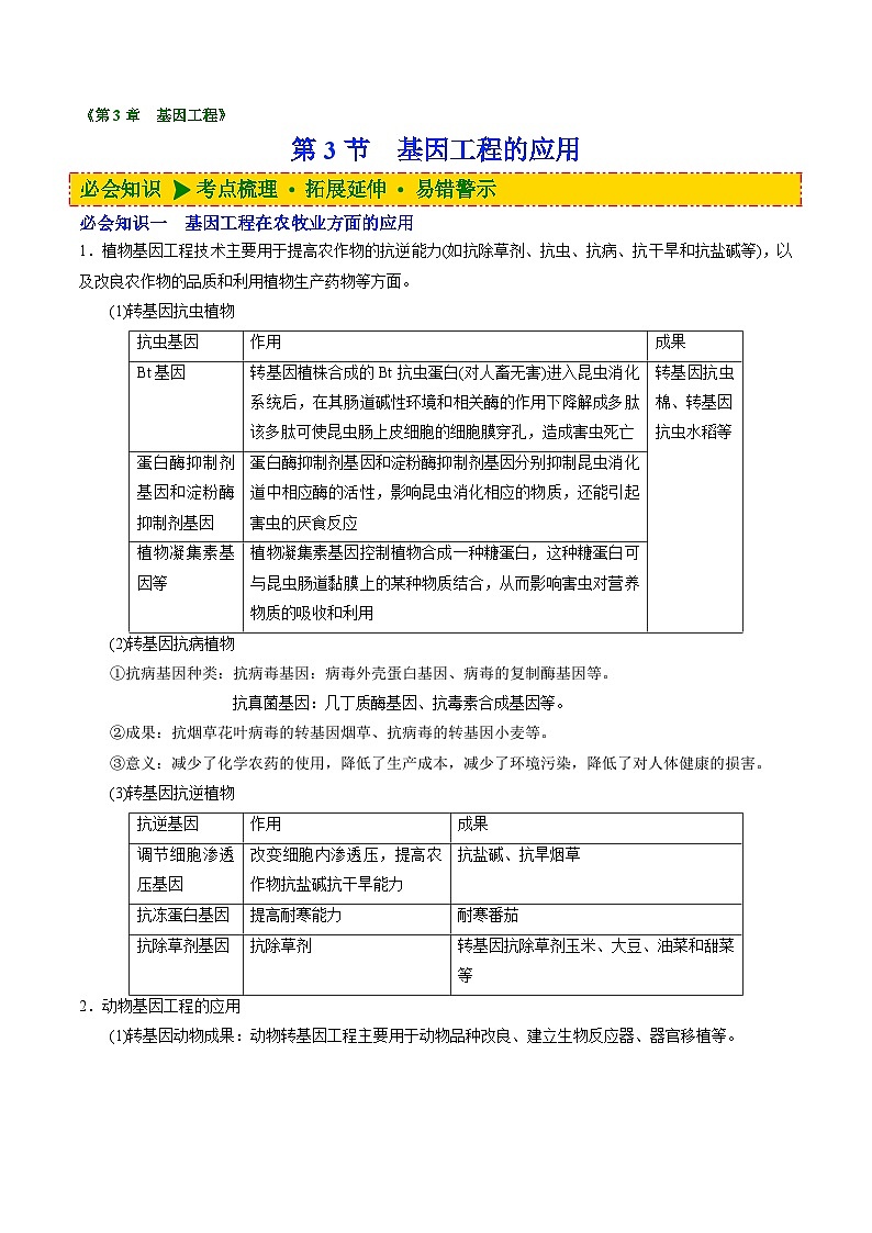 【同步讲义】高中生物（人教版2019）选修第三册--3.3《基因工程的应用》讲义（学生版）第1页
