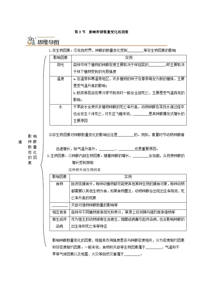 【同步讲义】高中生物（人教版2019）选修第二册--1.3《影响种群数量变化的因素》讲义（原卷版）第1页