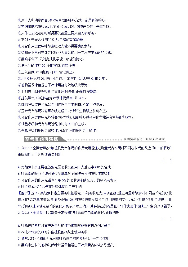 高考生物二轮复习练习：专题03 细胞呼吸与光合作用 专题复习自查案（含答案）第2页