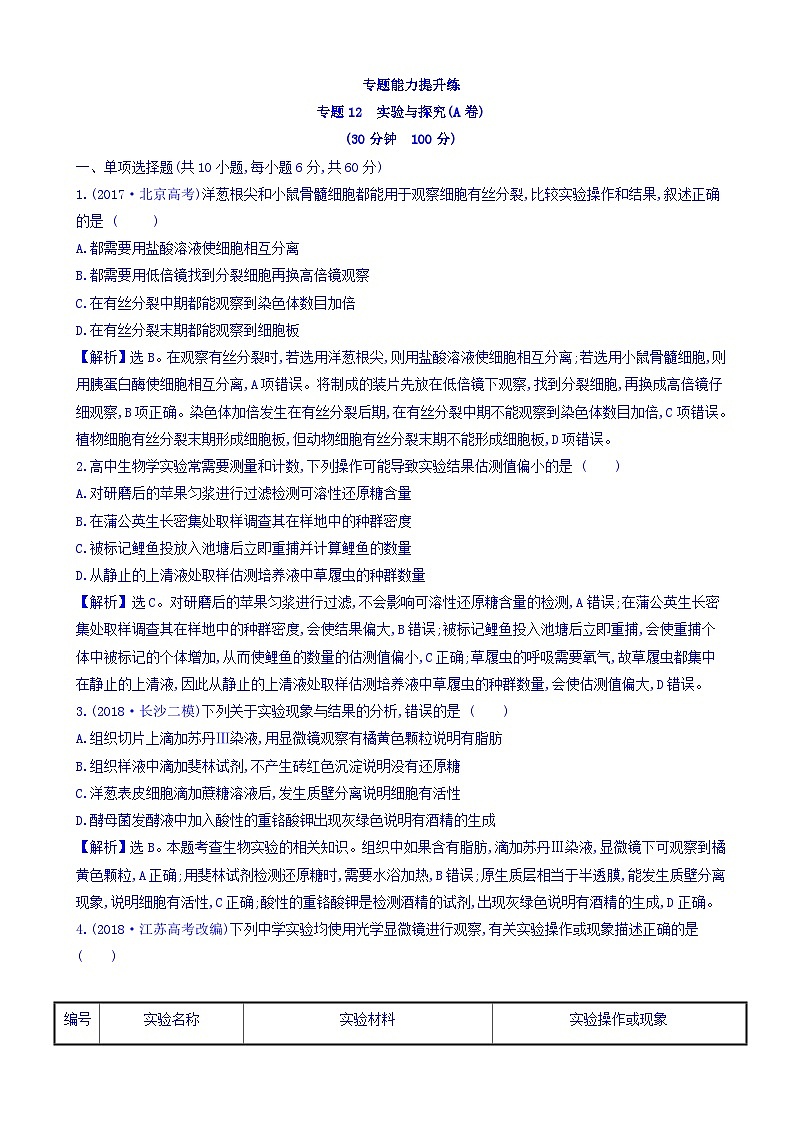 高考生物二轮复习练习：专题12 实验与探究 专题能力提升练a（含答案）第1页