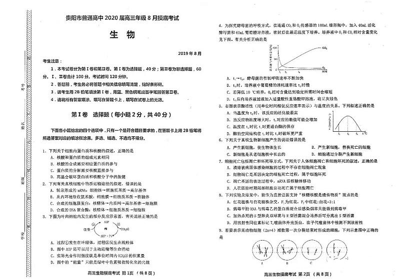 2020届贵州省贵阳市高三8月摸底考试生物试题 PDF版01