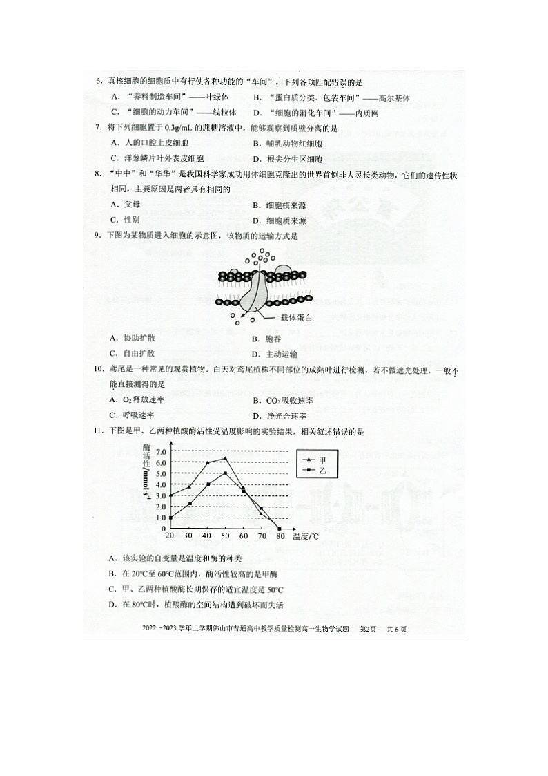 2023届广东省佛山市高一上学期生物期末质量检测试题02