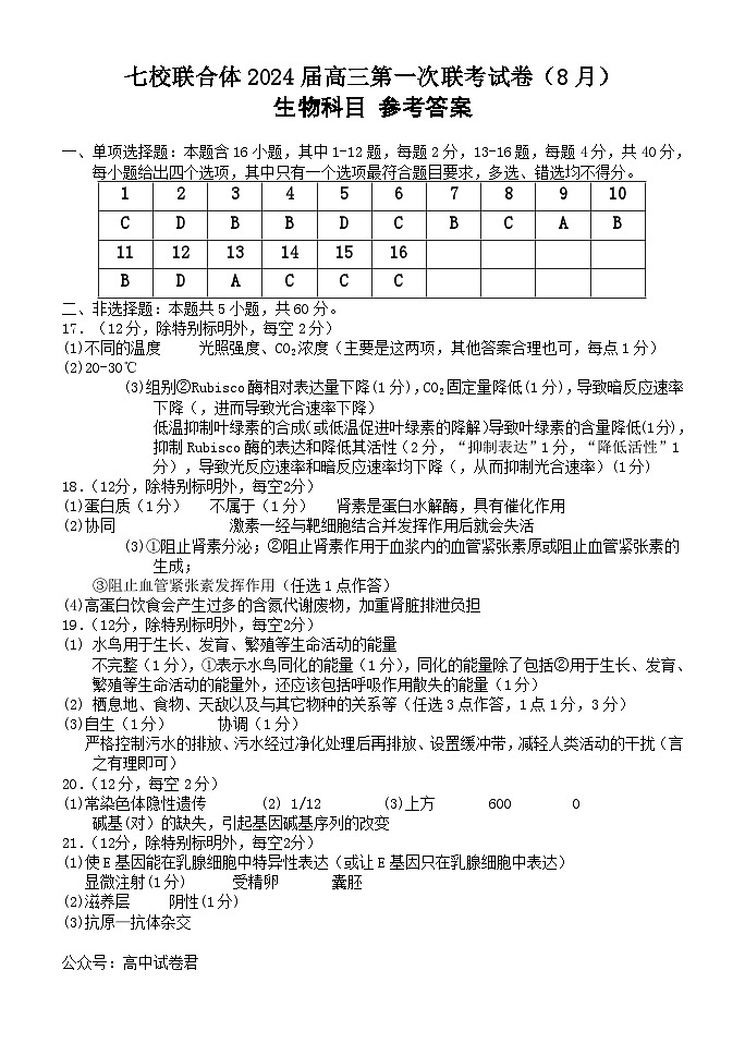 2024七校（深圳宝安中学、中山一中、南海中学、仲元中学、潮阳一中、普宁二中、桂城中学）高三上学期第一次联考（8月）生物含答案 试卷01