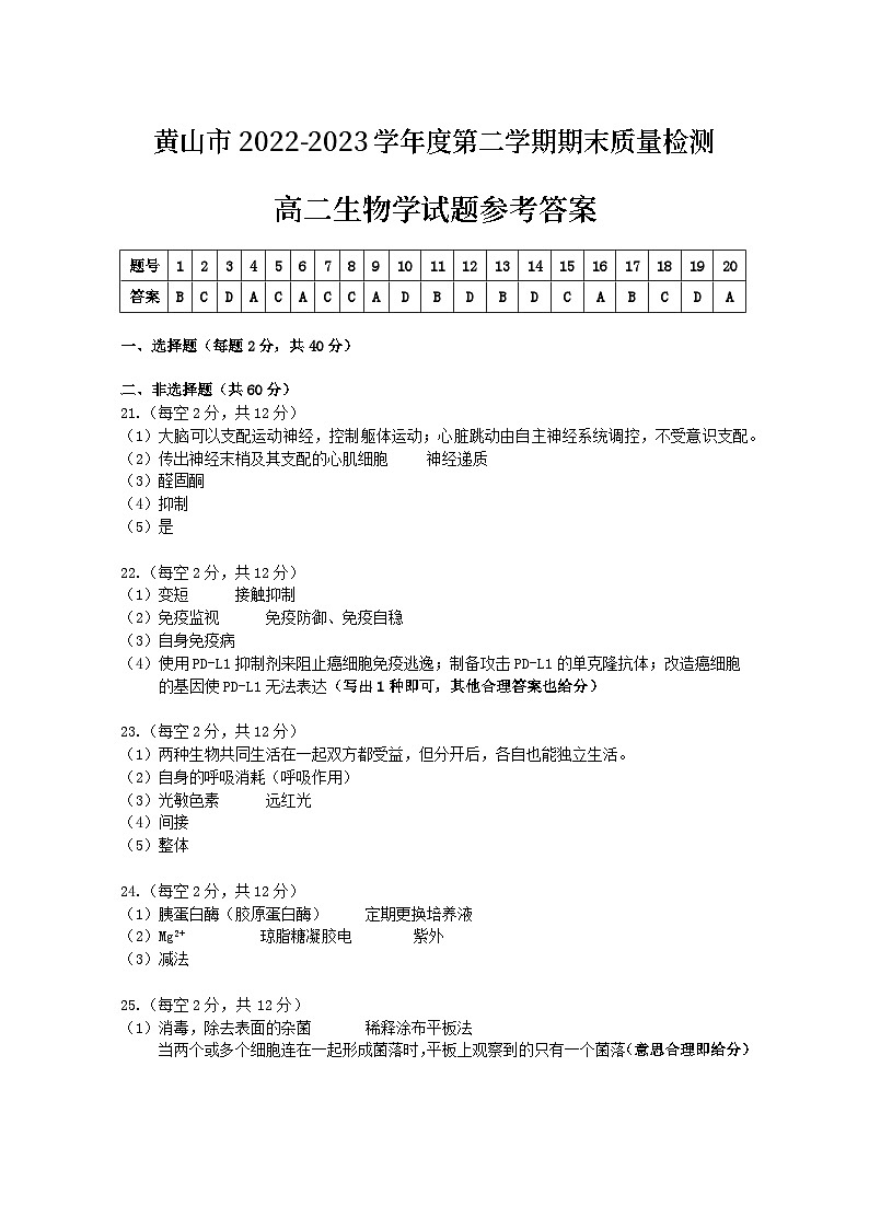 高二生物学参考答案第1页