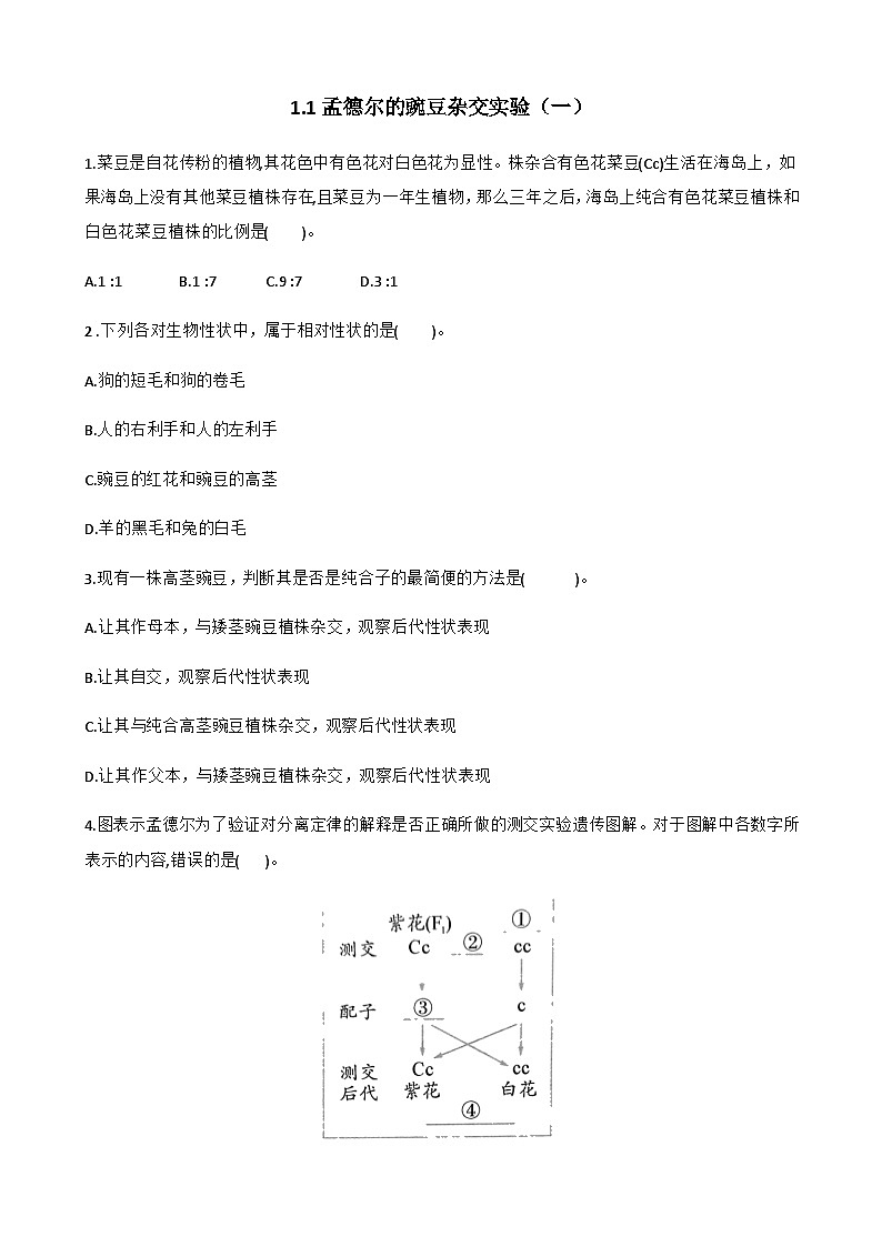高中生物学人教版（2019）必修二 1.1孟德尔的豌豆杂交实验（一）同步练习第1页
