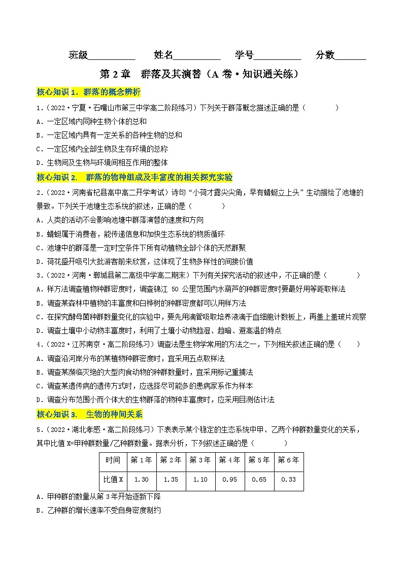 第2章 群落及其演替（A卷·知识通关练）（学生版）第1页