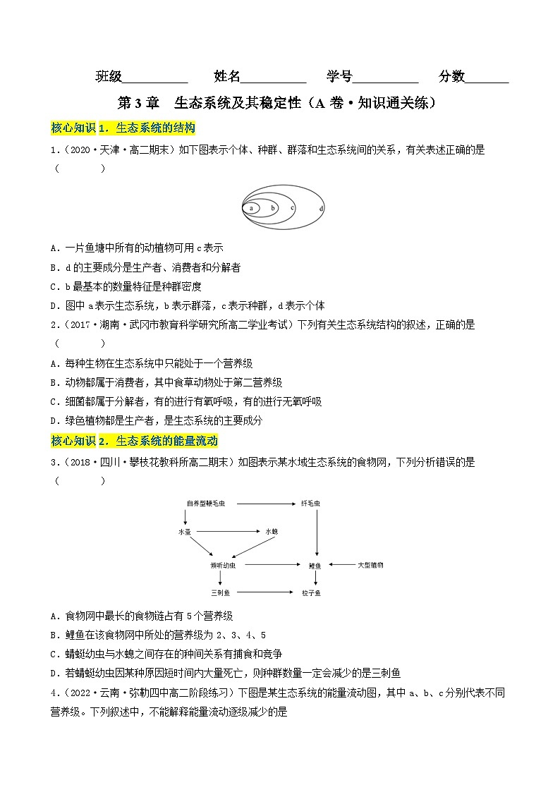 高二生物分层训练AB卷（人教版2019选择性必修2）第3章 生态系统及其稳定性（A卷·知识通关练）01