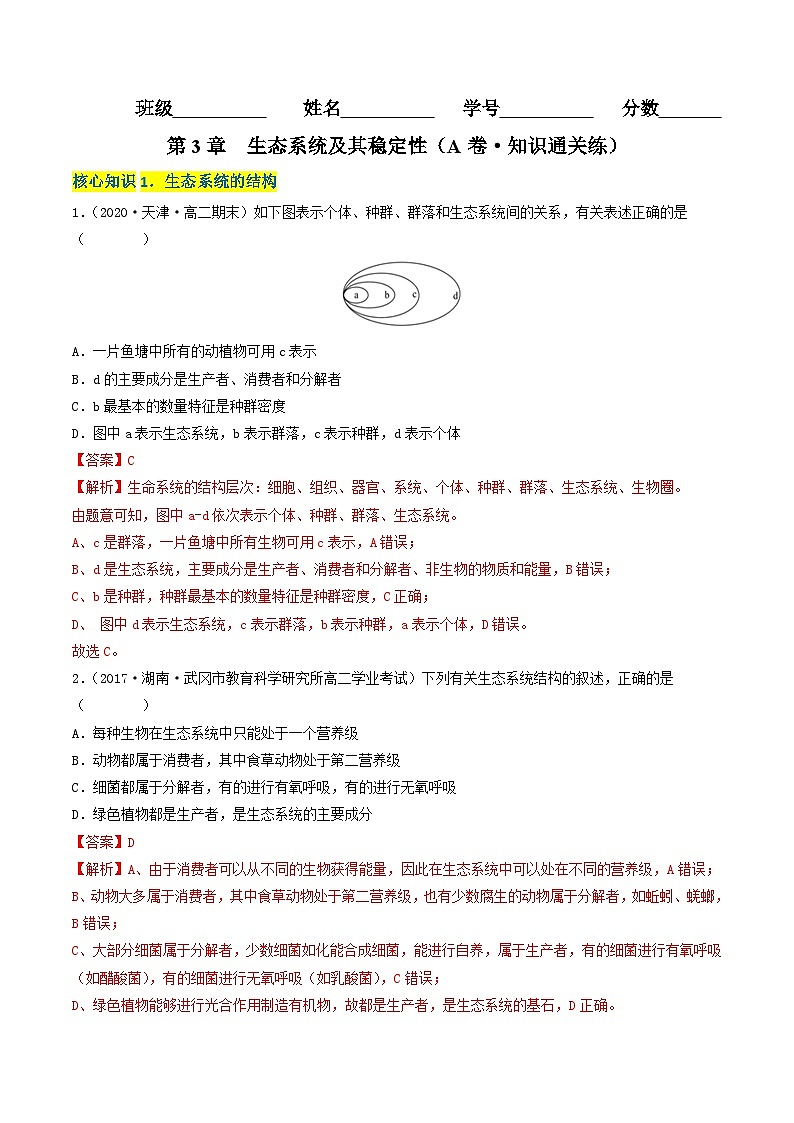 高二生物分层训练AB卷（人教版2019选择性必修2）第3章 生态系统及其稳定性（A卷·知识通关练）01