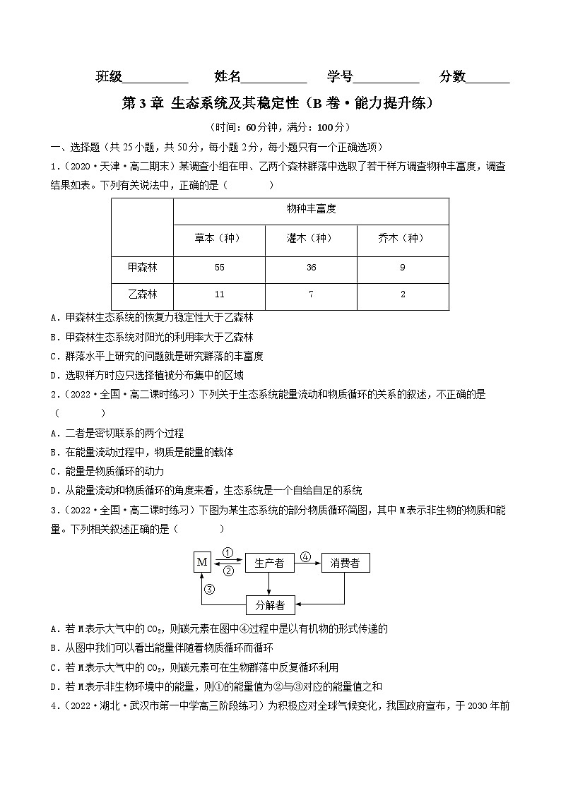 高二生物分层训练AB卷（人教版2019选择性必修2）第3章 生态系统及其稳定性（B卷·能力提升练）01