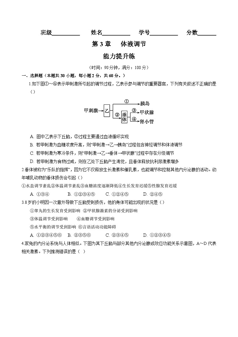 高二生物分层训练AB卷（人教版2019选择性必修1）第3章 体液调节（能力提升练）01