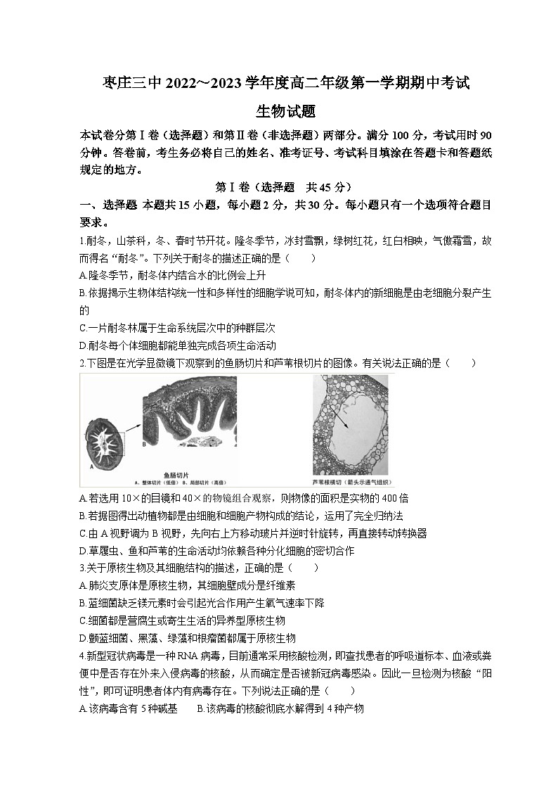 2023枣庄三中高一上学期期中生物试题无解析01