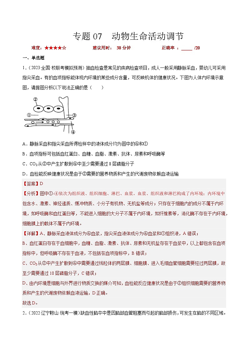 专题卷07 动物生命活动调节-【小题小卷】冲刺2023年高考生物小题限时集训（新高考专用）（解析版）01