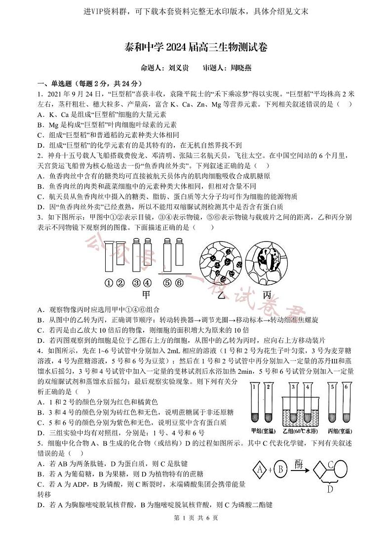 江西省泰和中学2024届高三暑期质量检测 生物第1页