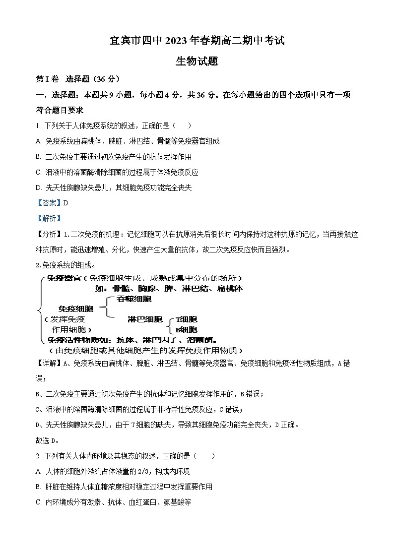 四川省宜宾市四中2022-2023学年高二生物下学期5月期中试题（Word版附解析）第1页