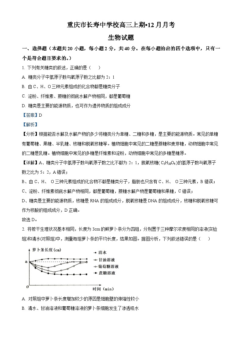 重庆市长寿中学2022-2023学年高三生物上学期12月月考试题（Word版附解析）01