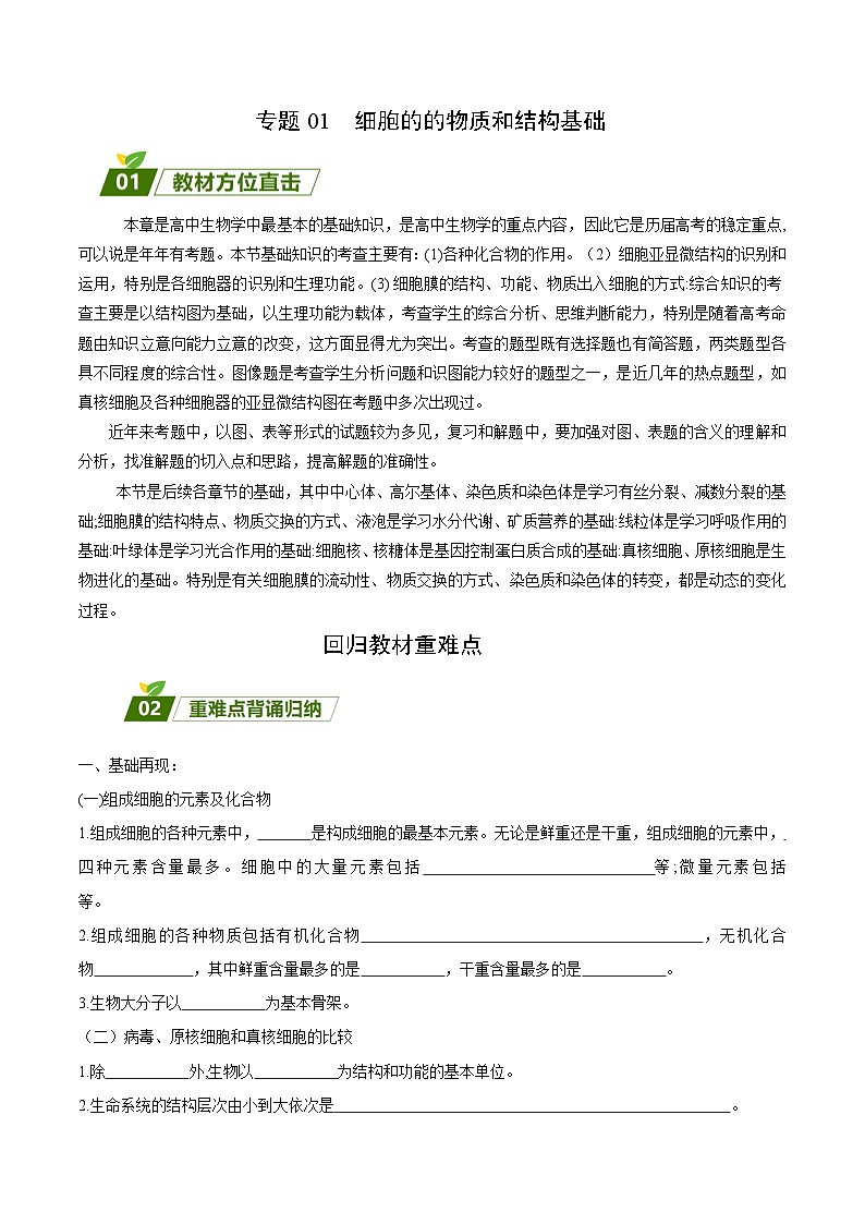 专题01  组成细胞的物质和结构-【查漏补缺】2023年高考生物三轮冲刺过关（原卷版）第1页