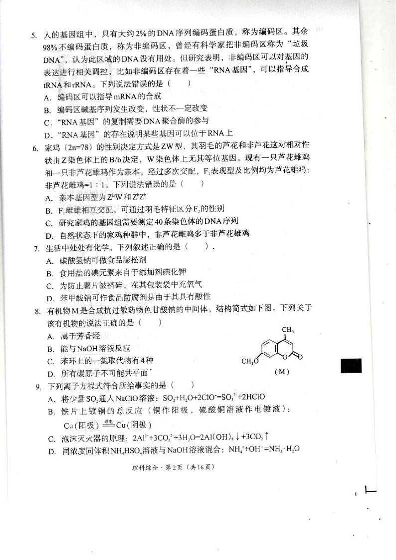 2024巴中高三上学期零诊考试（8月）理综PDF版含答案（缺生物答案）02