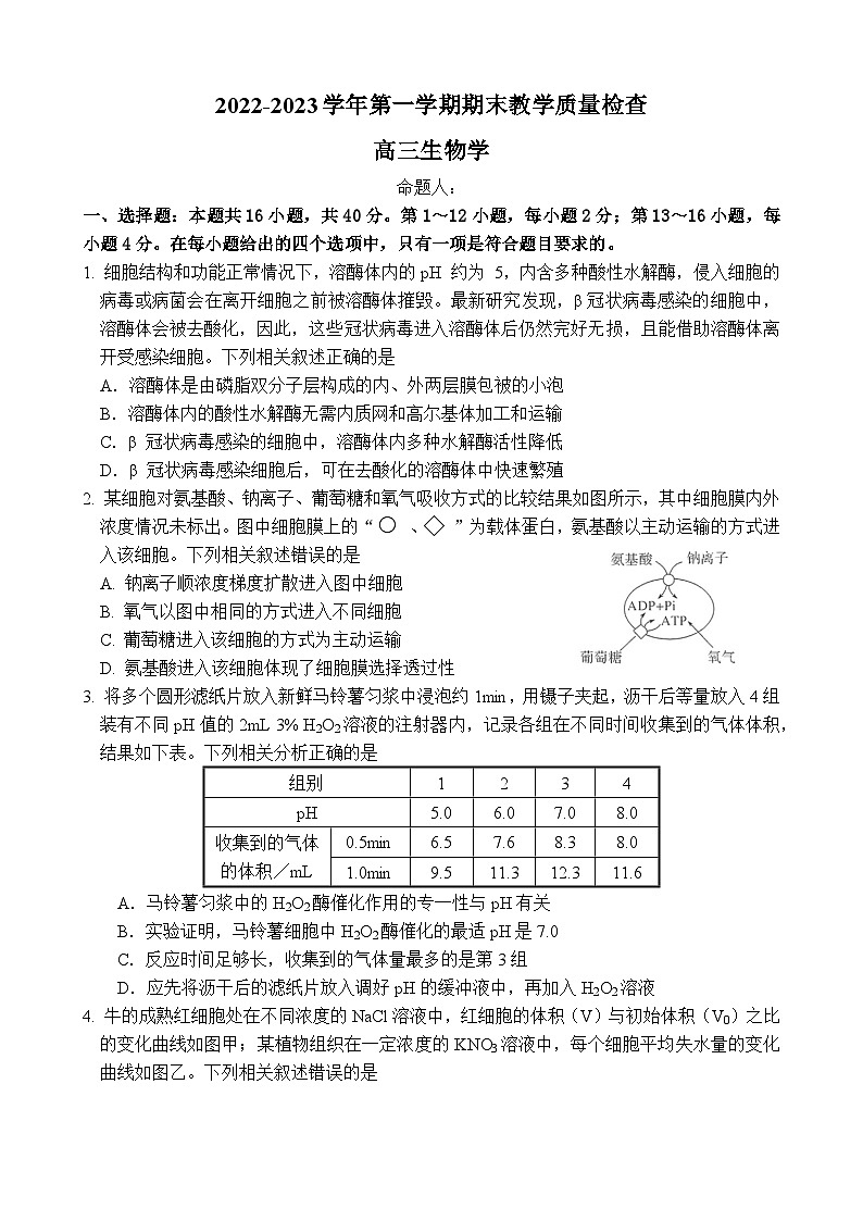 广东省东莞实验中学2022-2023学年高三上学期期末教学质量检查生物试题01