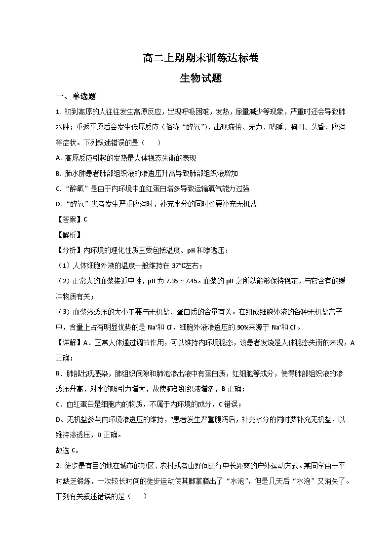 2023济南莱芜一中高二上学期期末阶段性生物试题含解析01