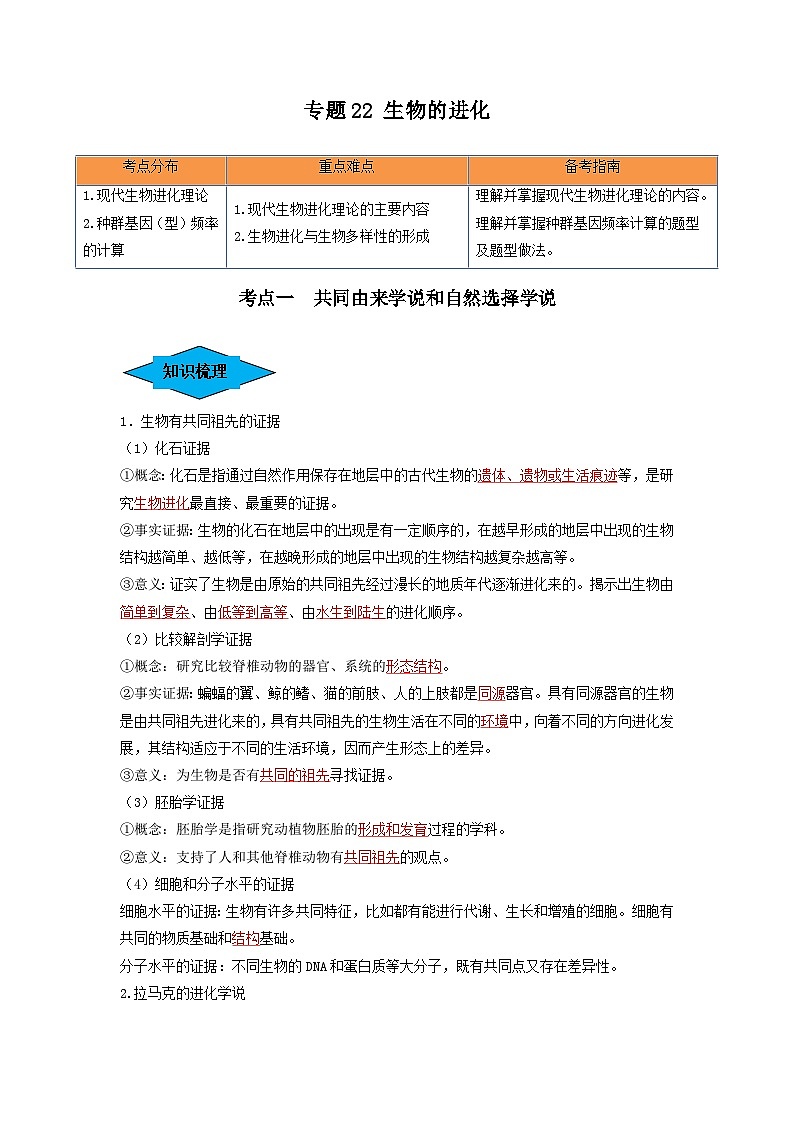 专题22 生物的进化（串讲）-备战2024年高考生物一轮复习串讲精练（新高考专用）（解析版）01