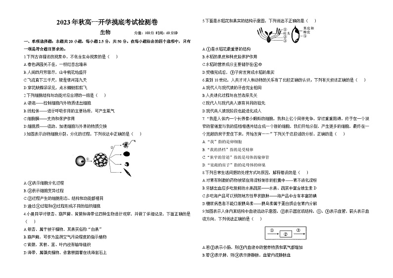 2023年秋长沙一中高一生物开学摸底考试检测卷及参考答案01