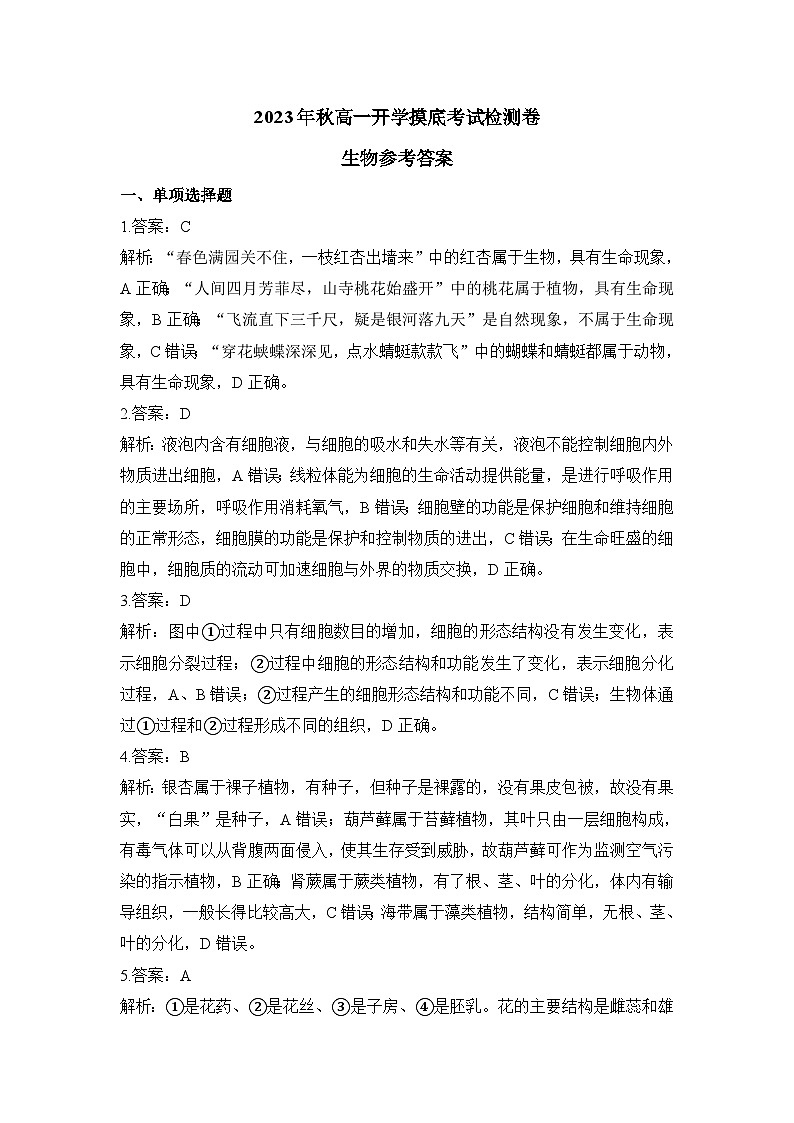 2023年秋长沙一中高一生物开学摸底考试检测卷及参考答案01