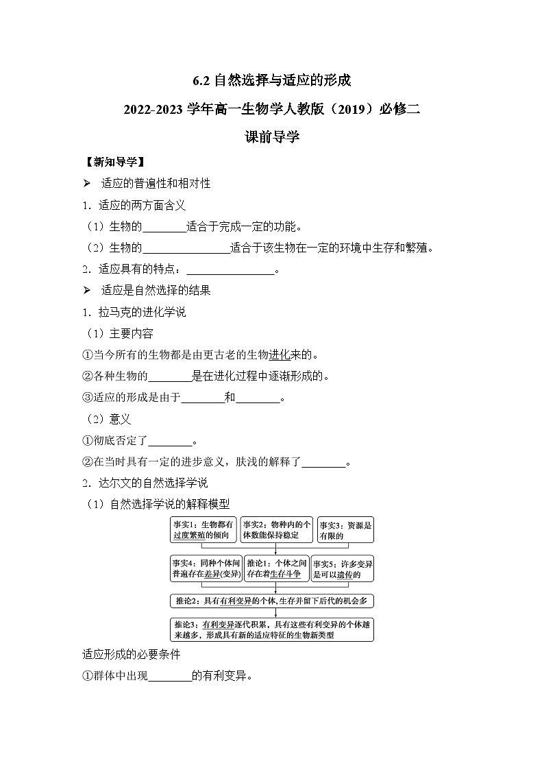 6.2自然选择与适应的形成——高中生物学人教版（2019）必修二课前导学案（含解析）第1页