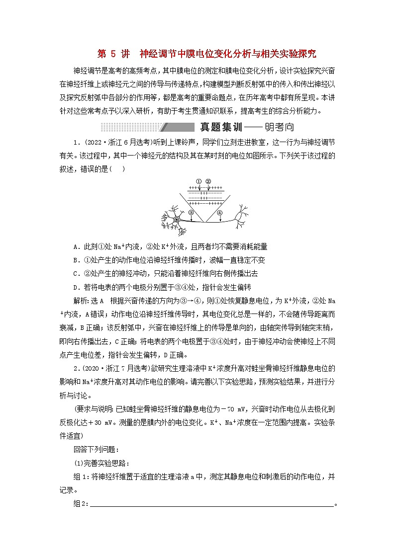 2024届高考生物一轮总复习第八单元动物生命活动的调节第5讲神经调节中膜电位变化分析与相关实验探究教师用书01
