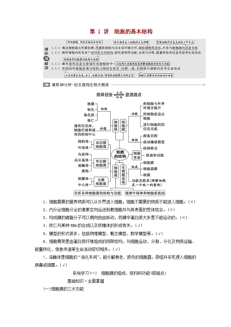 2024届高考生物一轮总复习第二单元细胞的基本结构与物质的输入和输出第1讲细胞的基本结构教师用书01