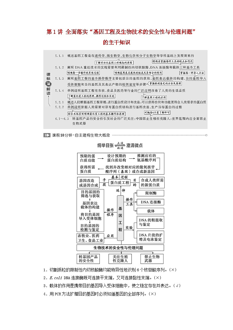 2024届高考生物一轮总复习第十四单元基因工程及生物技术的安全性与伦理问题第1讲全面落实“基因工程及生物技术的安全性与伦理问题”的主干知识教师用书01