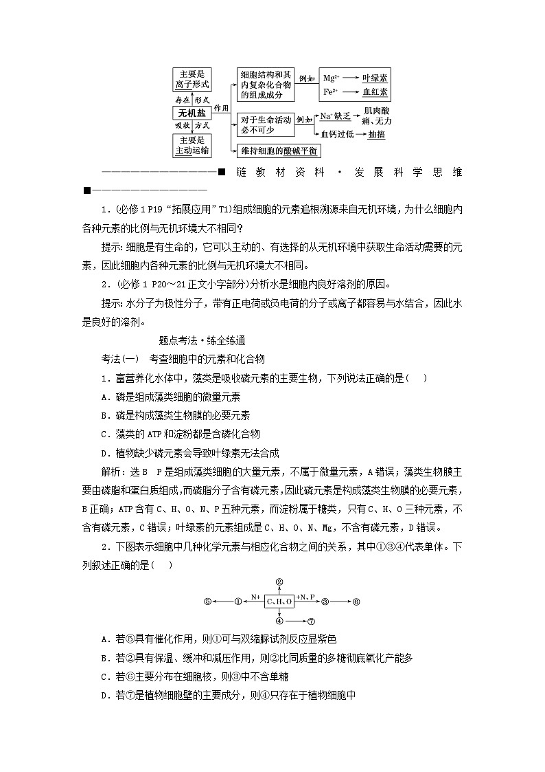 2024届高考生物一轮总复习第一单元走近细胞和组成细胞的分子第2讲细胞中的无机物糖类和脂质教师用书03