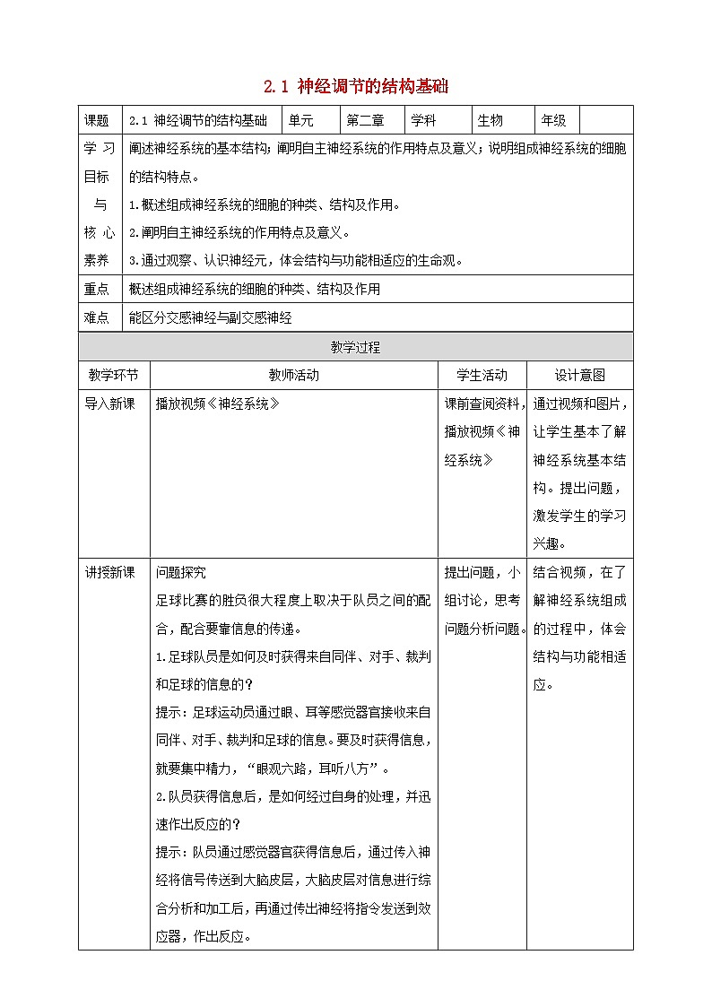 2.1神经调节的结构基础教案高中生物2023—2024年新人教版选择性必修1第1页