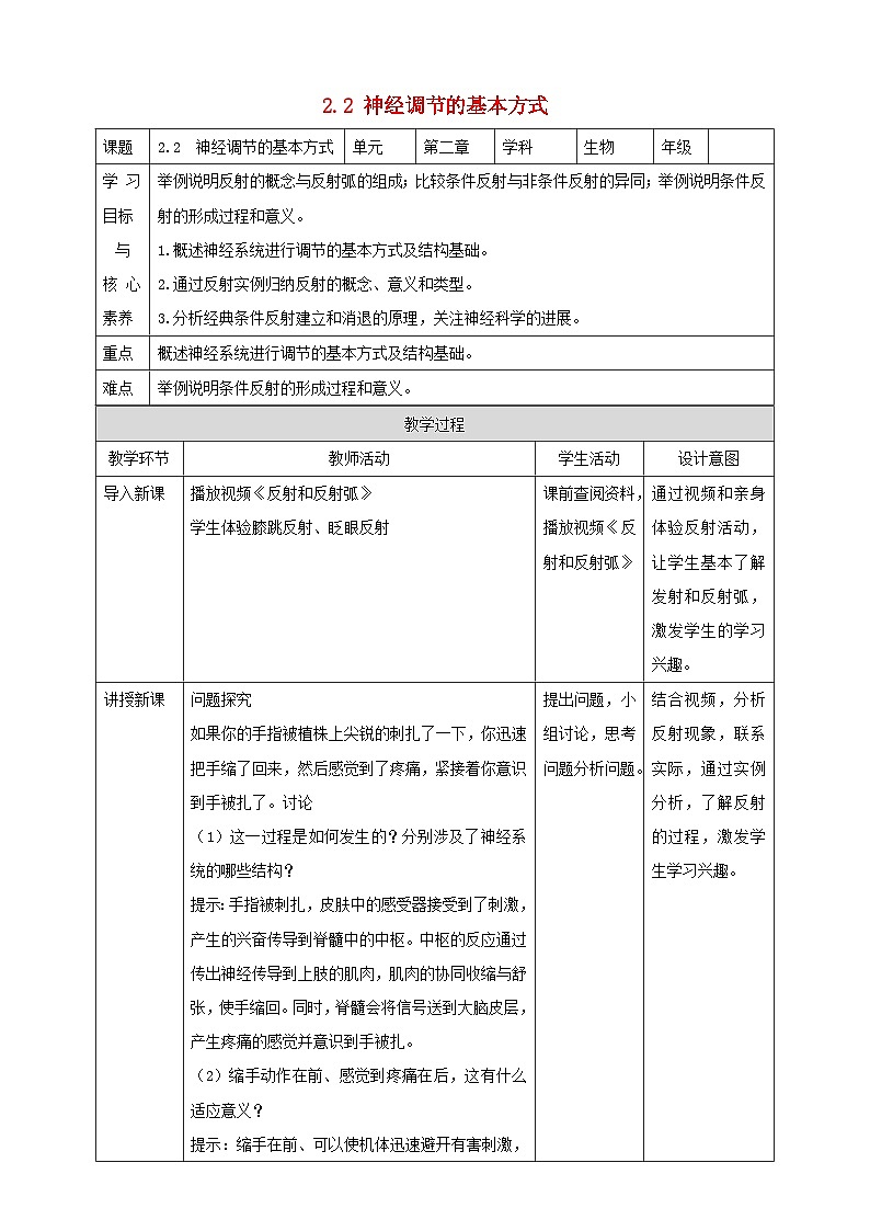 高中生物2023—2024年新人教版选择性必修一2.2神经调节的基本方式（课件+教案）（2份）01