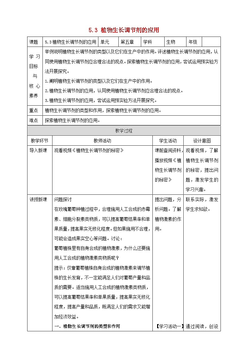 高中生物2023—2024年新人教版选择性必修一5.3植物生长调节剂的应用（课件+教案）（2份）01