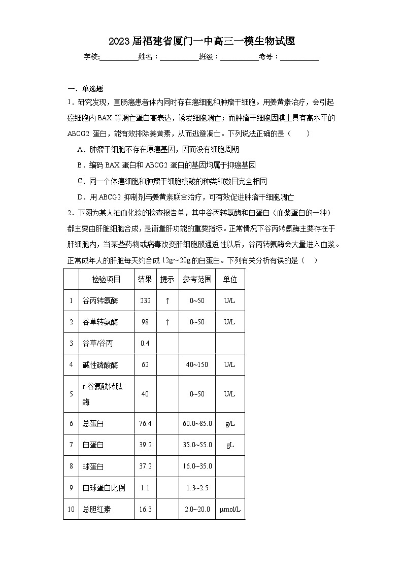 2023届福建省厦门一中高三一模生物试题（含解析）01