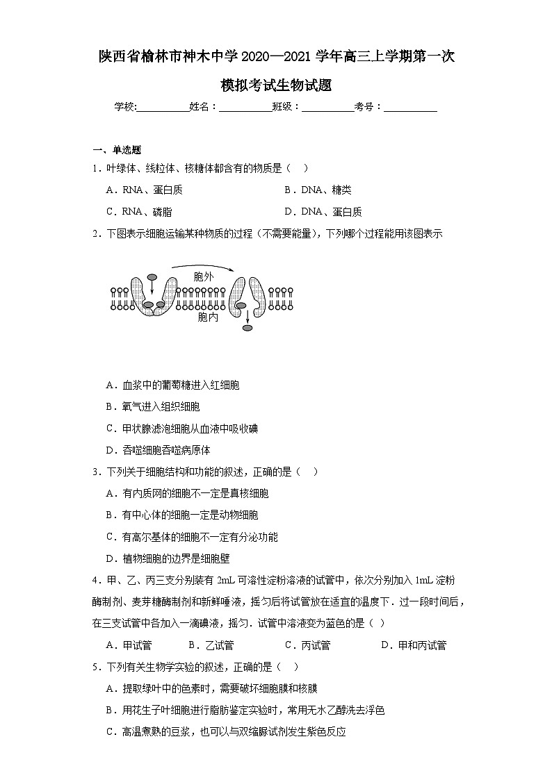 陕西省榆林市神木中学2020—2021学年高三上学期第一次模拟考试生物试题（含解析）01