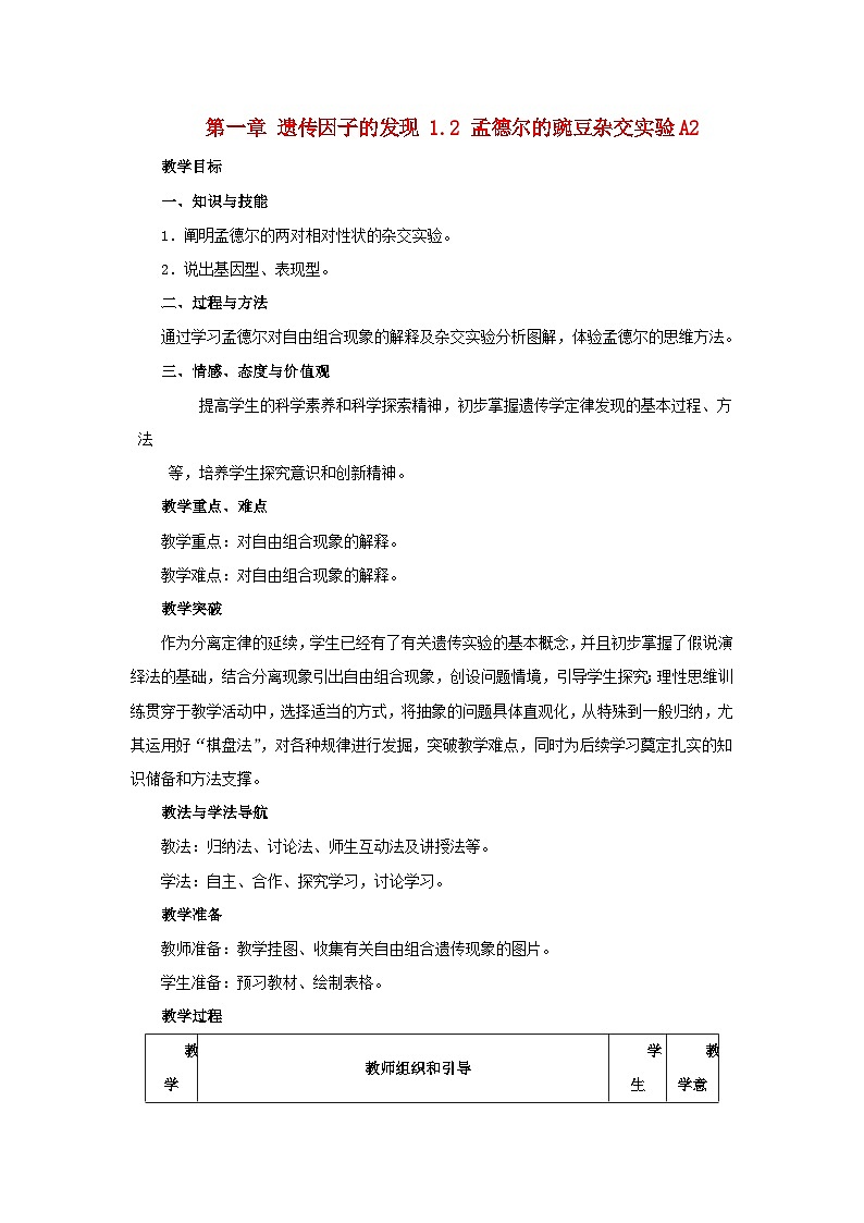 高中生物人教版必修二 第一章遗传因子的发现1.2孟德尔的豌豆杂交实验A2教案第1页