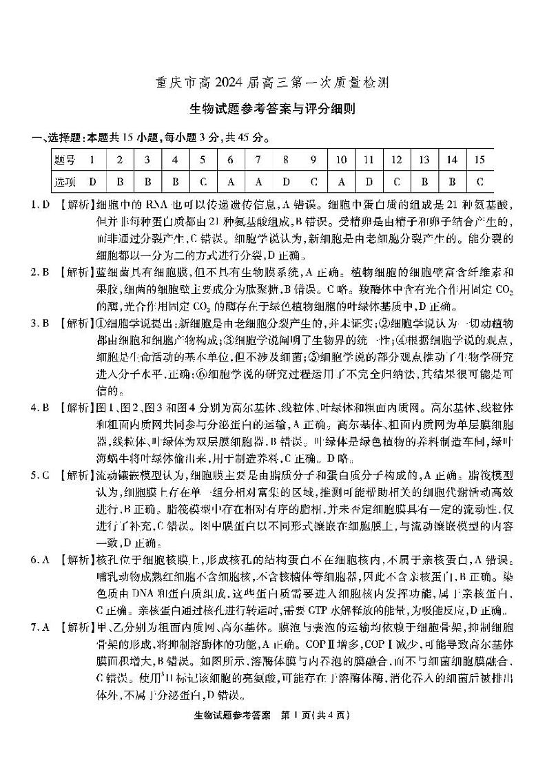 重庆市2024届高三上学期第一次质量检测试题（8月）生物答案和解析第1页