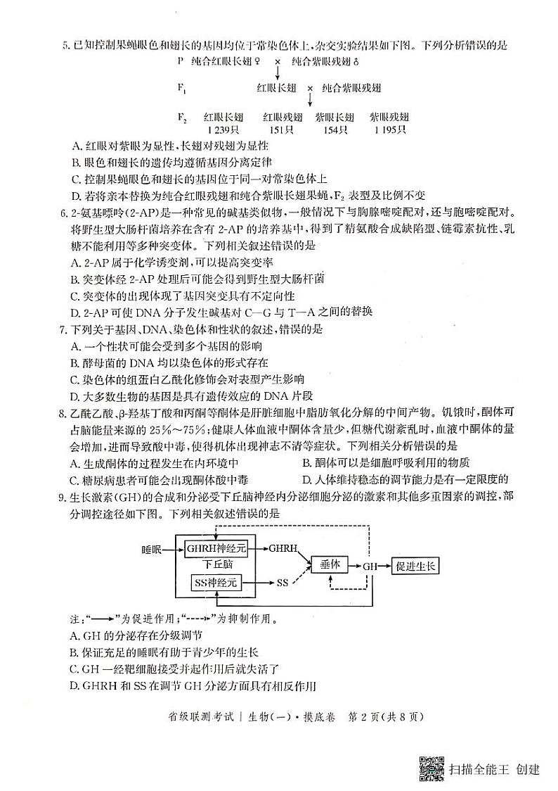 2024河北省高三上学期开学省级联测考试生物PDF版含解析02