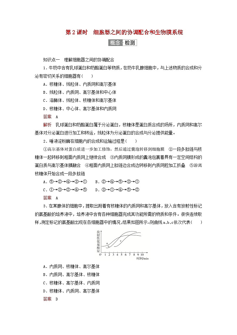2023新教材高中生物第3章细胞的基本结构第2节细胞器之间的分工合作第2课时细胞器之间的协调配合和生物膜系统对点训练新人教版必修101