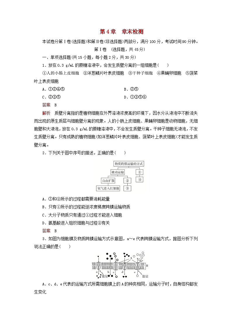 2023新教材高中生物第4章细胞的物质输入和输出章末检测新人教版必修101