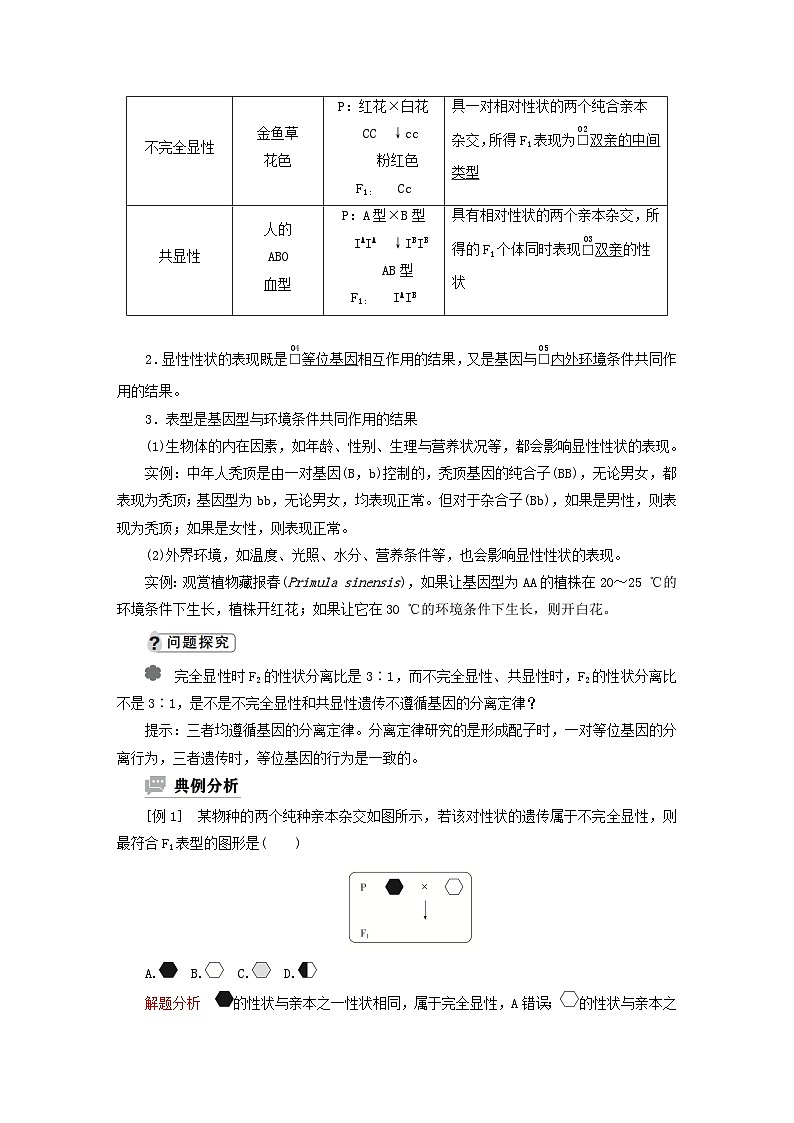 2023新教材高中生物第一章遗传的基本规律第一节孟德尔从一对相对性状的杂交实验中总结出分离定律第二课时测交显性的相对性和表型是基因型与环学案浙科版必修203