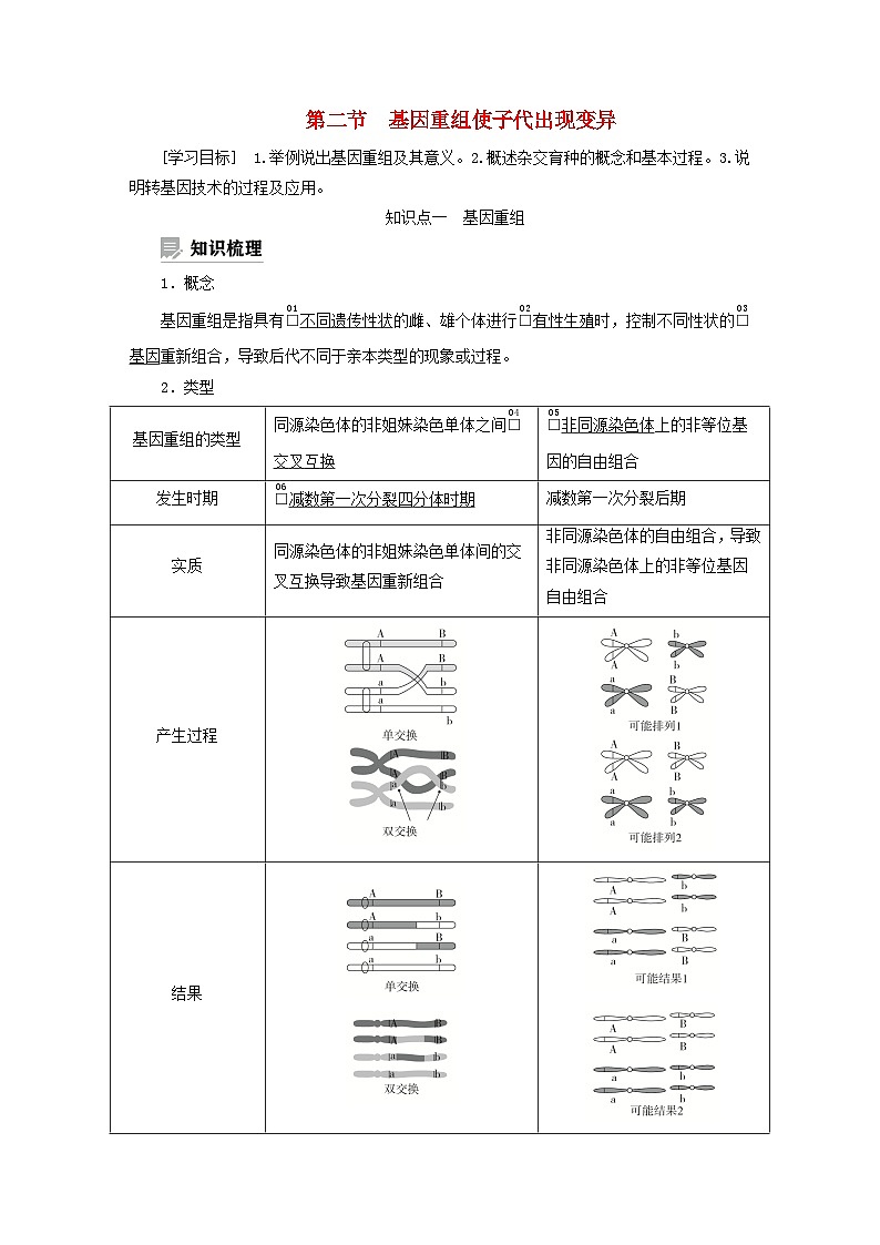2023新教材高中生物第四章生物的变异第二节基因重组使子代出现变异学案浙科版必修201