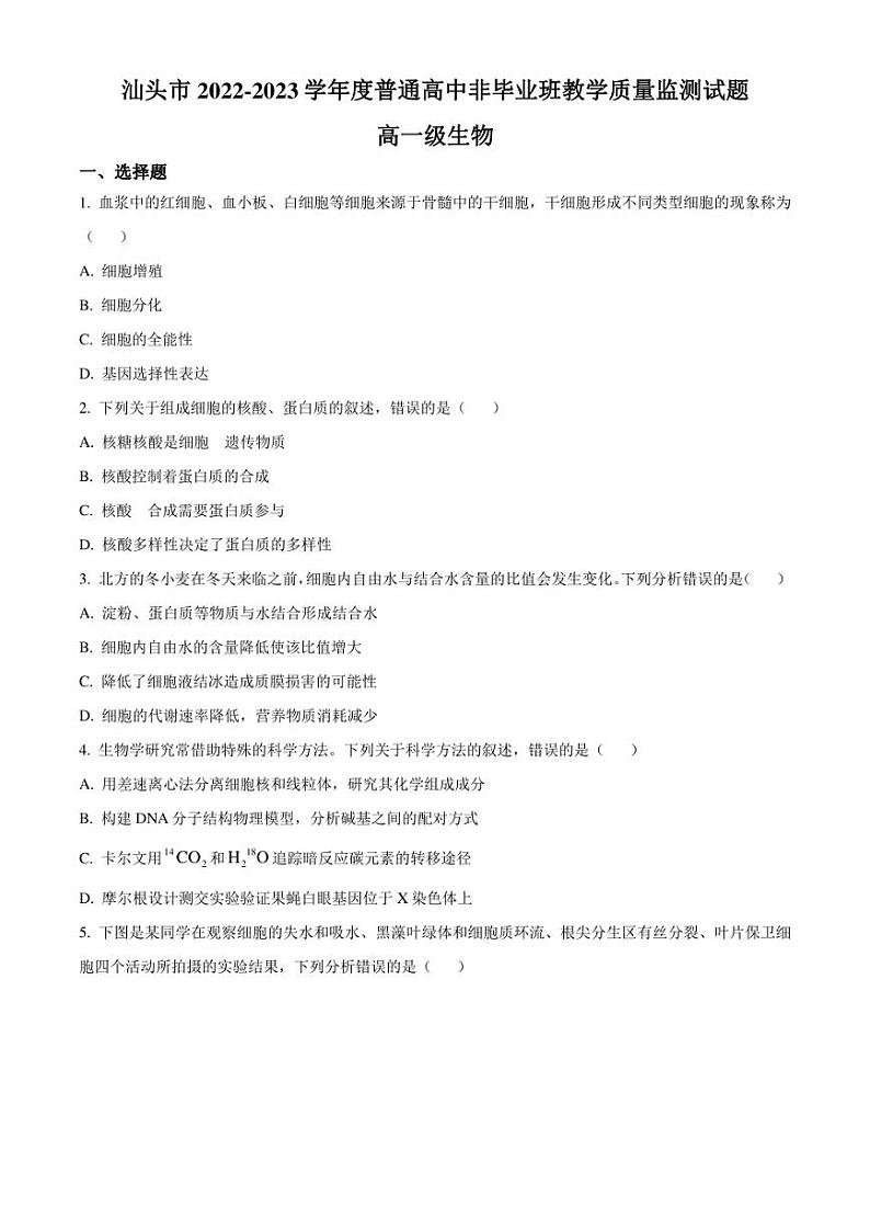 广东省汕头市2022-2023学年高一下学期期末生物试题（原卷版）01