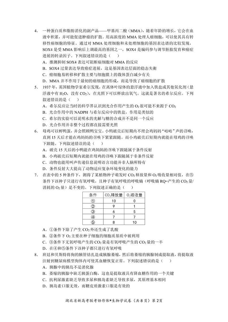 湖北省2023-2024学年新高考联考协作体高三9月起点考试 生物试题  PDF版无答案（可编辑）第2页